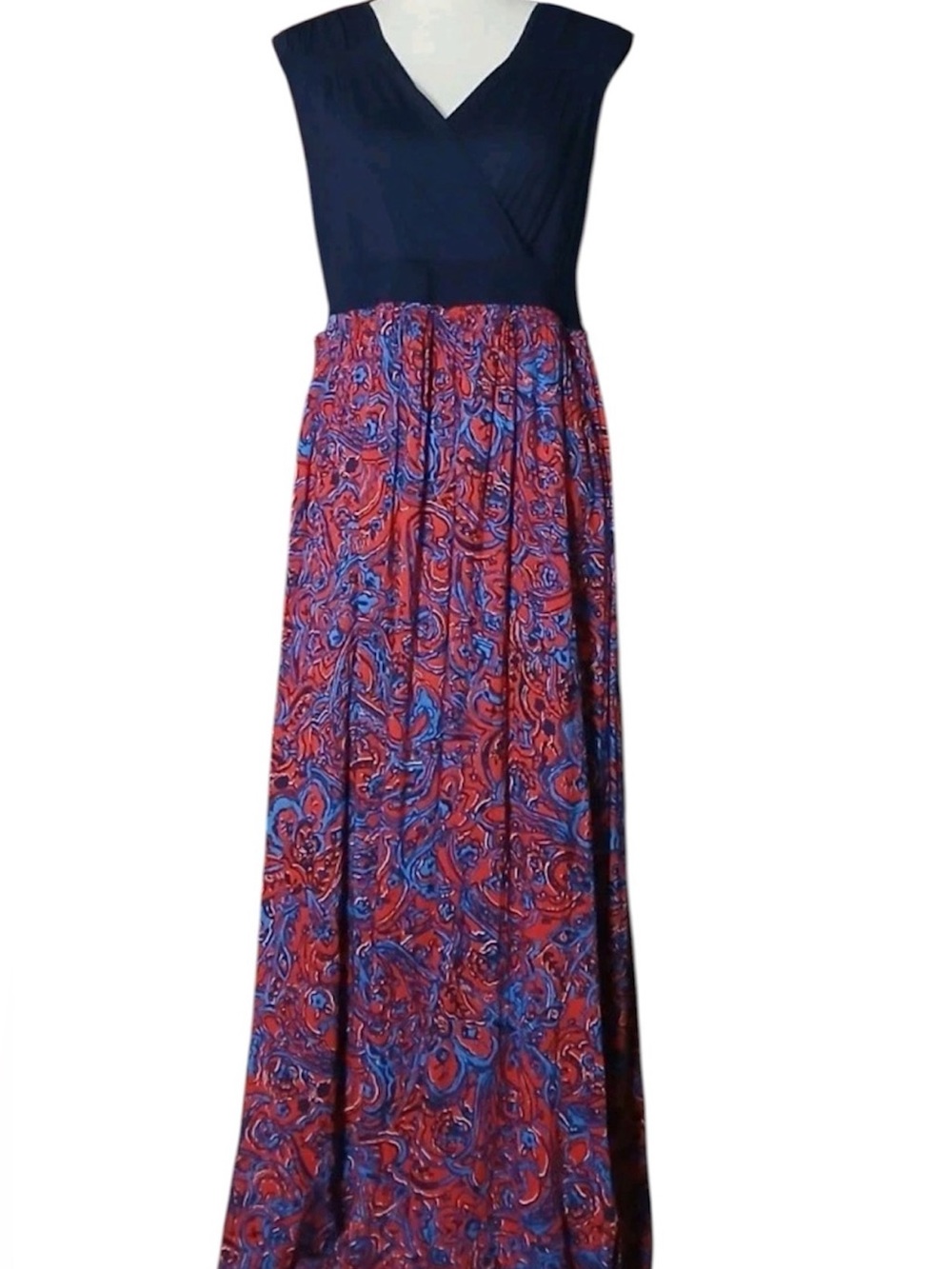Daisy Fuentes Navy Sleeveless Maxi with Red & Blue Patterned Skirt XL